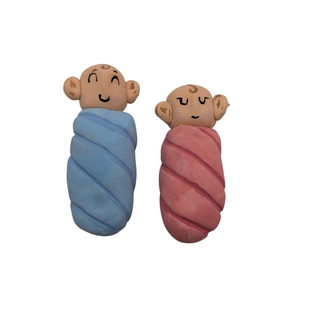 MODERN Handcrafted Clay Swaddled Baby Figurines Pink Blue Gender Reveal Decor